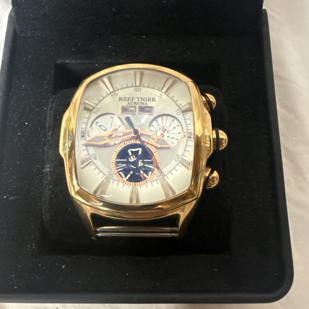 REEF TIGER Aurora ll Tank 100M Rose Gold Tonneau Automatic Men's Watch Skeleton